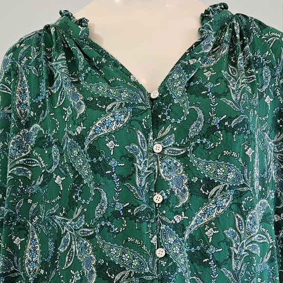 J. Jill Womens Ruffled Satin Top Paisley Tunic Top Button Up Cottagecore Green L - Picture 9 of 13